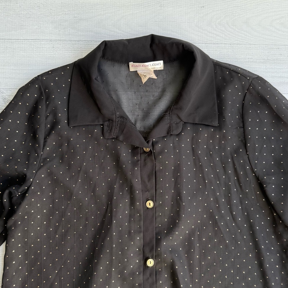 Vintage Black Button Up Blouse with Gold Polka Dots S - Picture 2 of 7